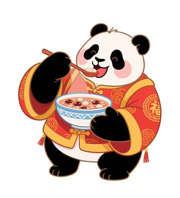 卡通熊猫春节吃汤圆