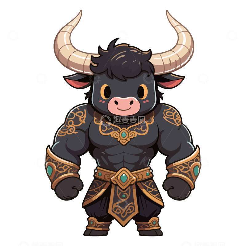 源文件下载【趣麦麦图】-卡通牛战士形象插画
