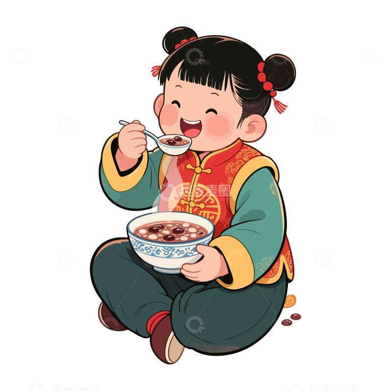 源文件下载【趣麦麦图】-传统服饰儿童腊八粥插画