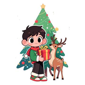 卡通圣诞节男孩礼物鹿插图