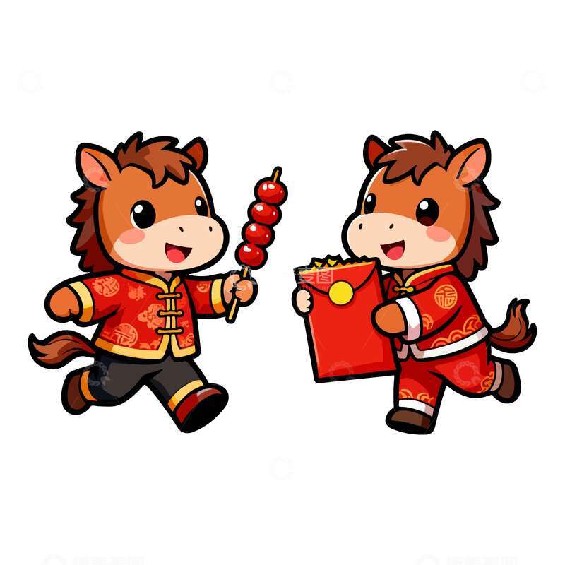 源文件下载【趣麦麦图】卡通马年新年喜庆插画