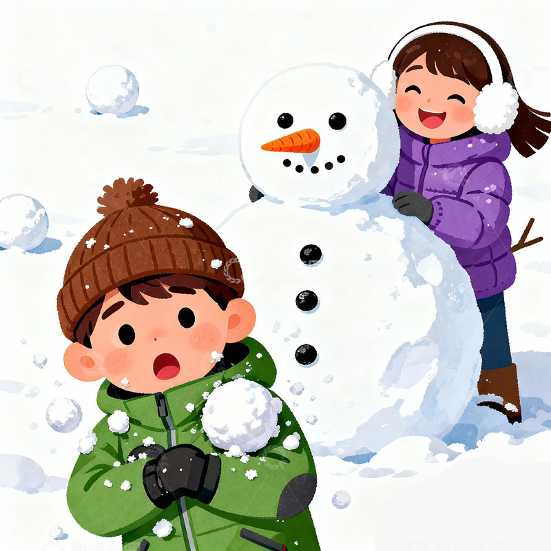 高清大图下载【趣麦麦图】冬日童趣堆雪人卡通插画