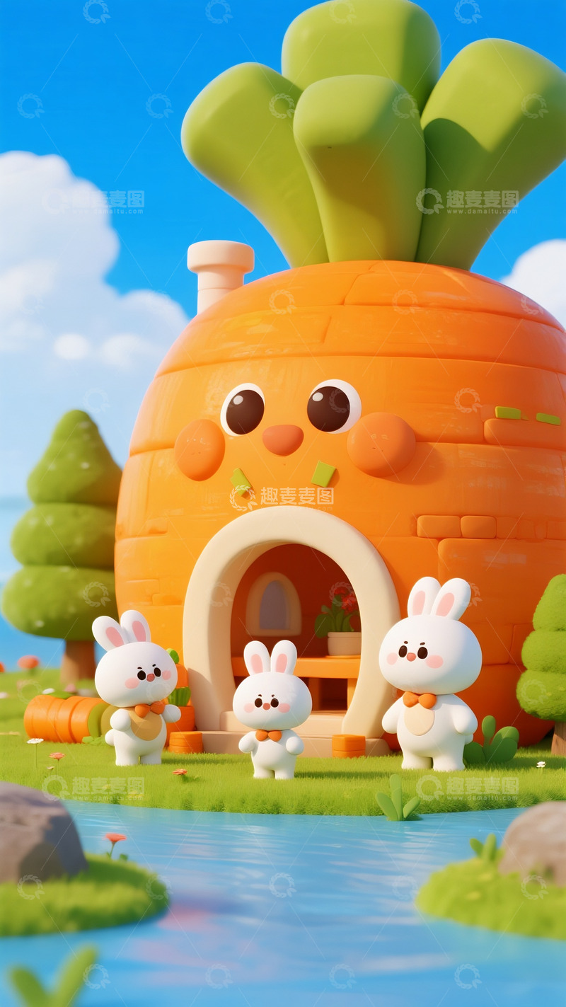 高清大图下载【趣麦麦图】胡萝卜小屋前的萌兔们