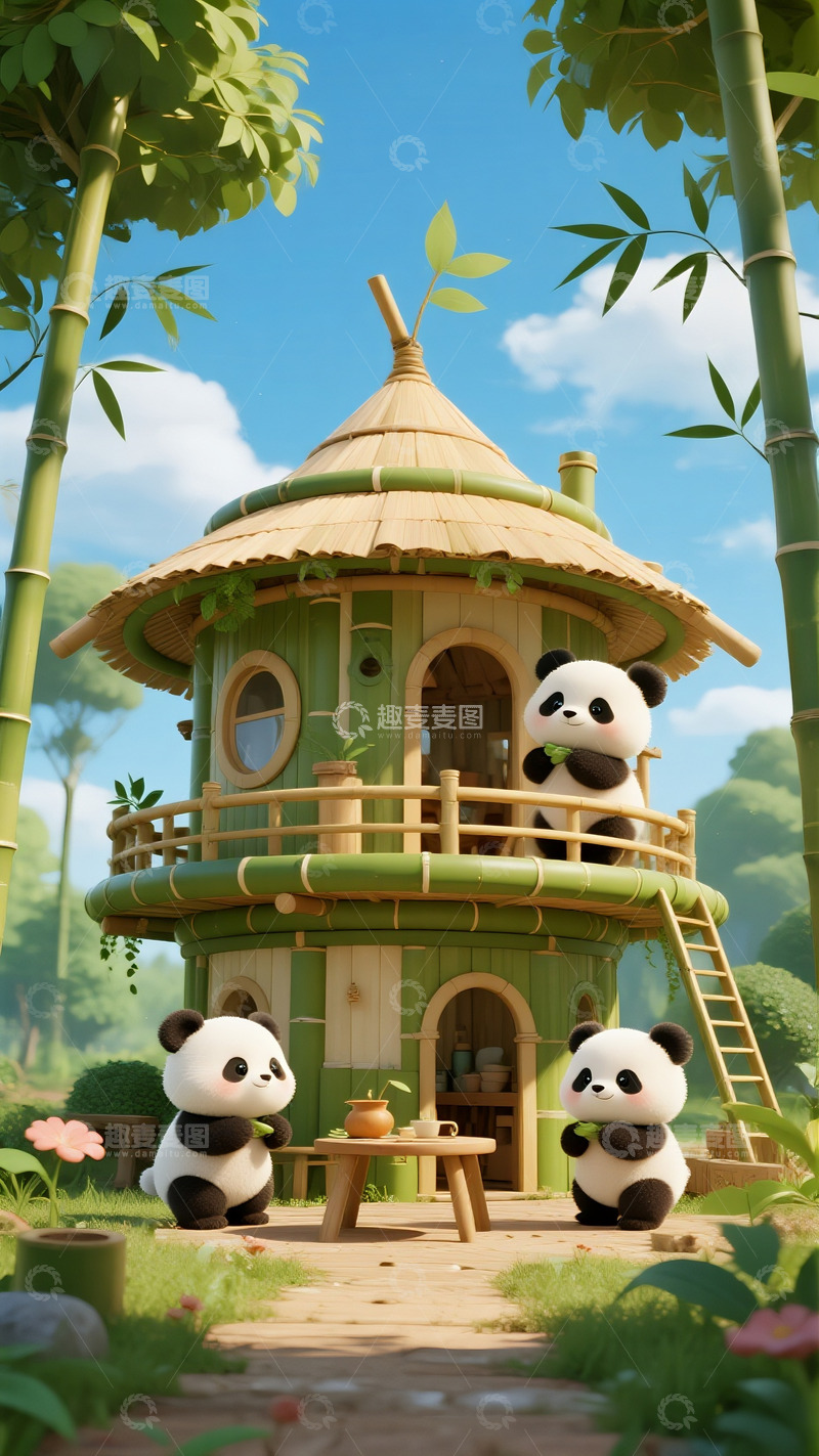 高清大图下载【趣麦麦图】竹林间的熊猫竹屋茶会