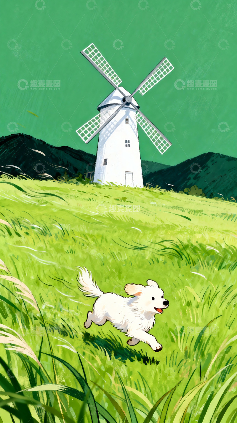 高清大图下载【趣麦麦图】青草地里追风的小白犬