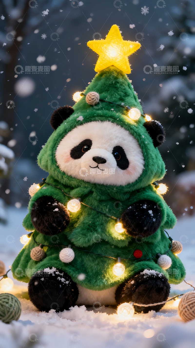 高清大图下载【趣麦麦图】雪夜中变圣诞树的熊猫玩偶