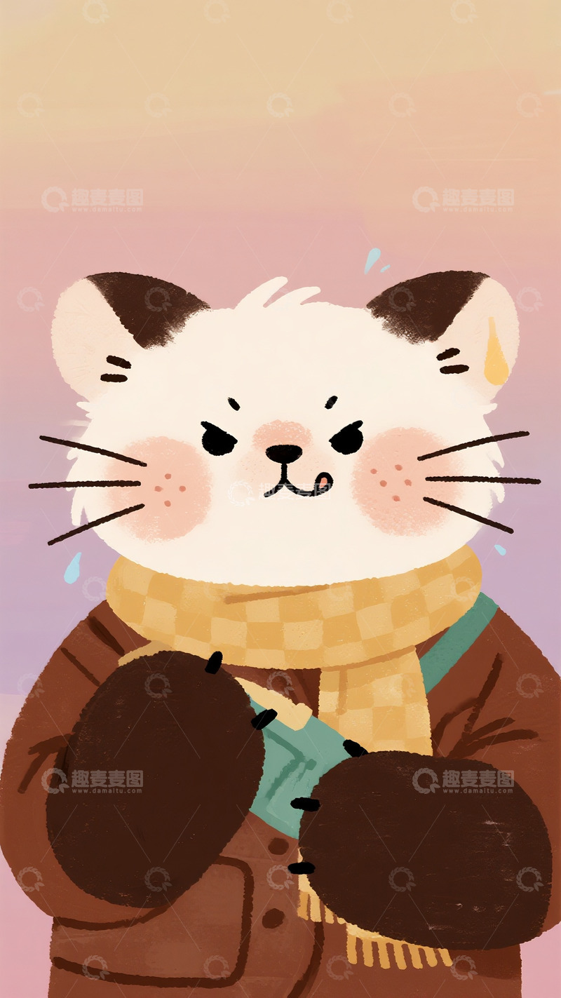 高清大图下载【趣麦麦图】裹紧围巾的炸毛猫咪君