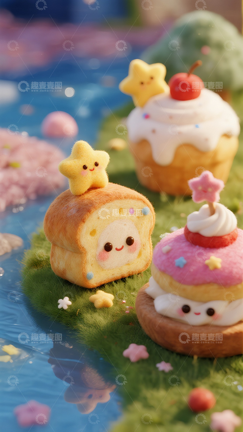 高清大图下载【趣麦麦图】水边草地的甜点萌物派对