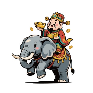 卡通财神骑象图插画