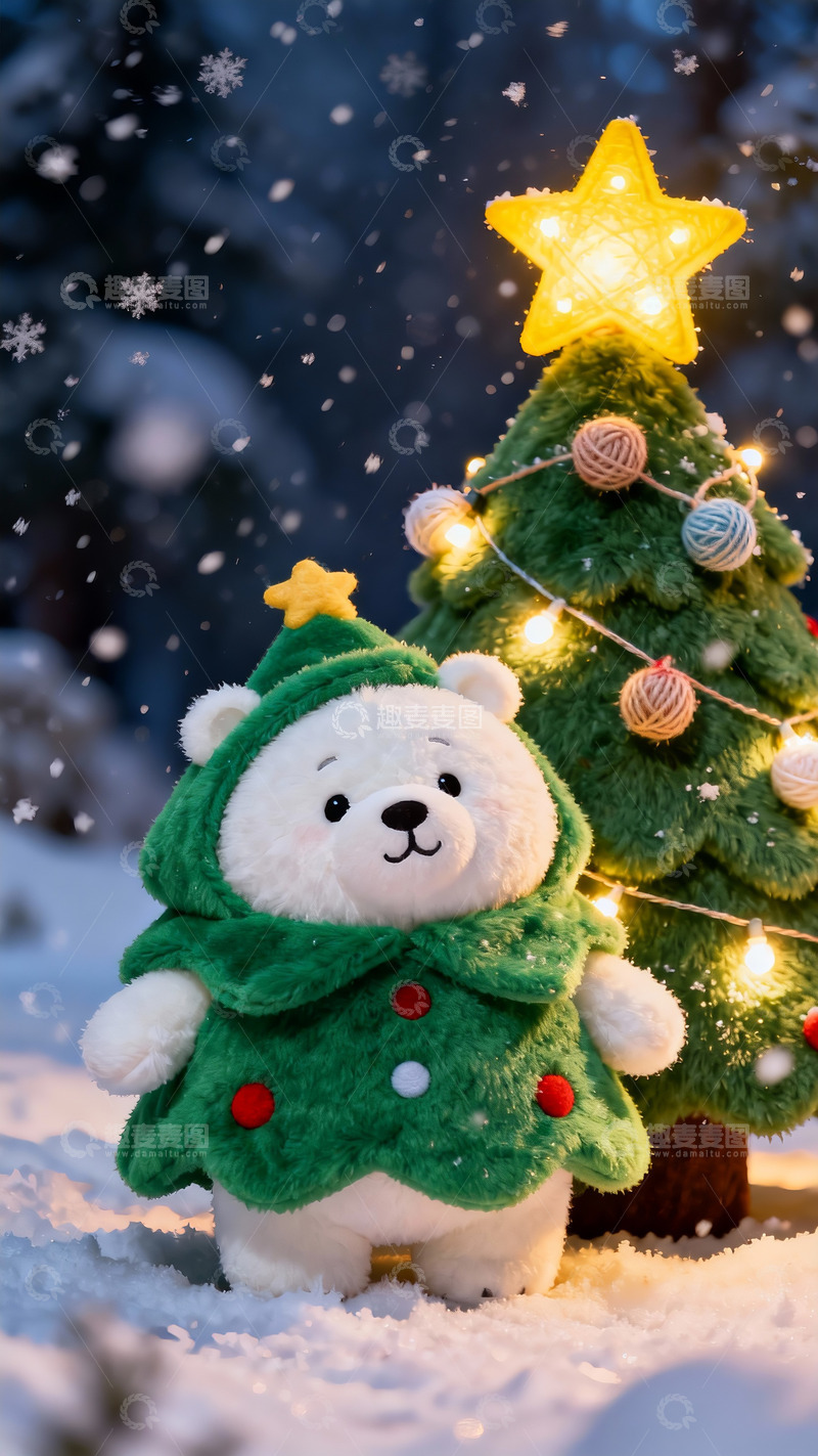 高清大图下载【趣麦麦图】落雪夜穿圣诞树装的软萌熊