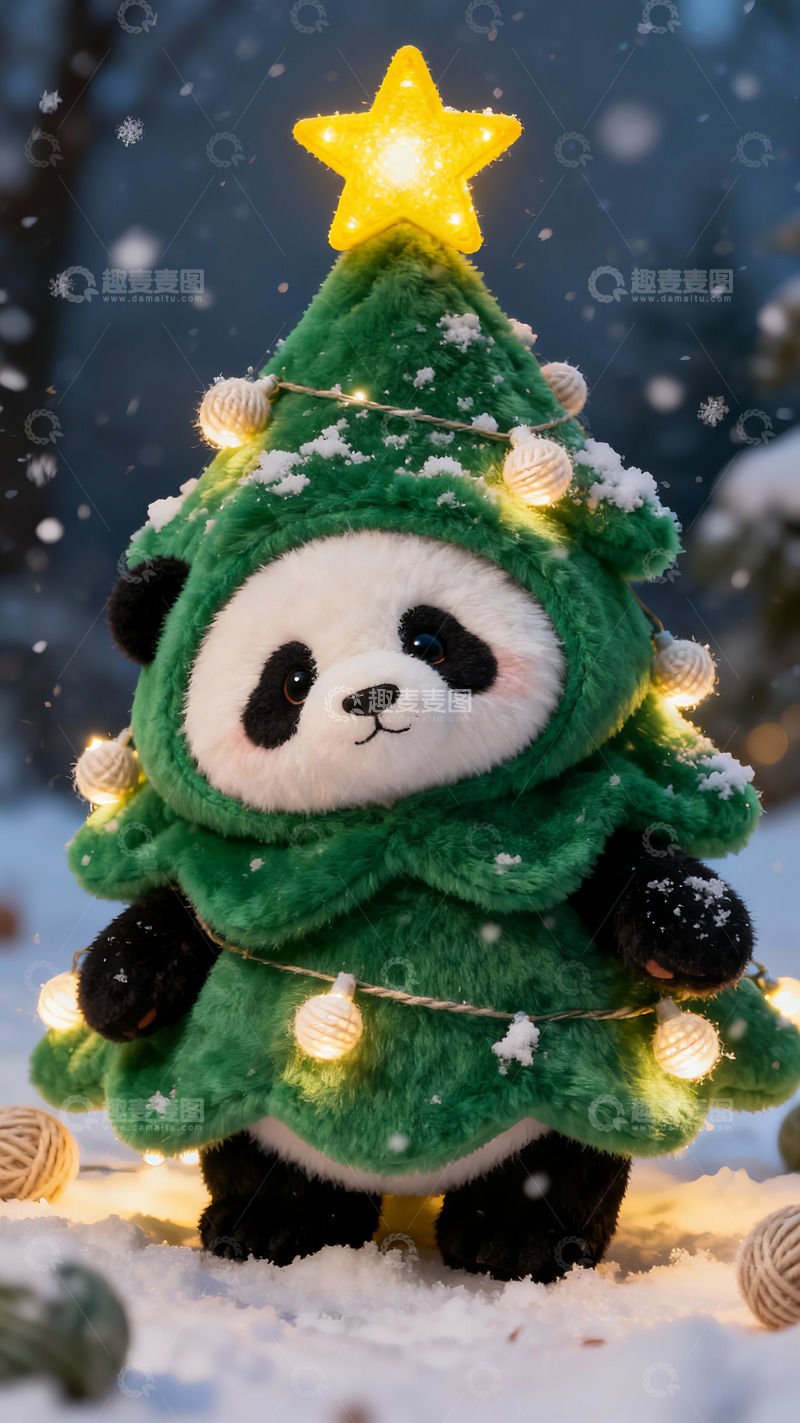 高清大图下载【趣麦麦图】落雪夜扮圣诞树的熊猫玩偶