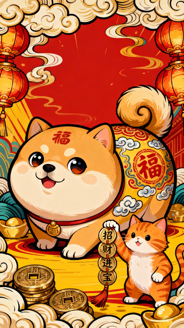 红墙下柴犬与招财猫送福