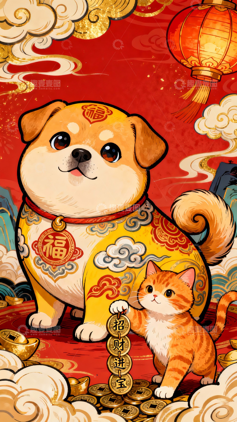 高清大图下载【趣麦麦图】红墙下柴犬与招财猫送福