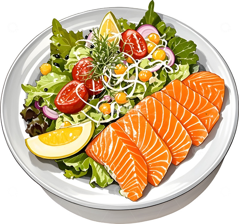 高清大图下载【趣麦麦图】美食插画三文鱼沙拉轻食