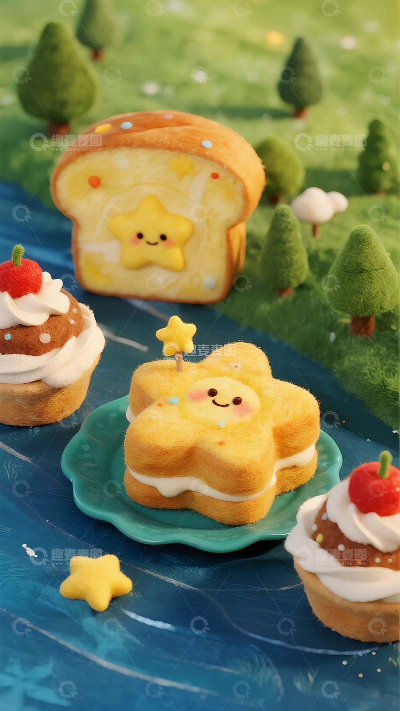 高清大图下载【趣麦麦图】水边草地的星星甜点派对