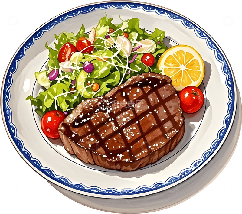 高清大图下载【趣麦麦图】美食插画牛排沙拉