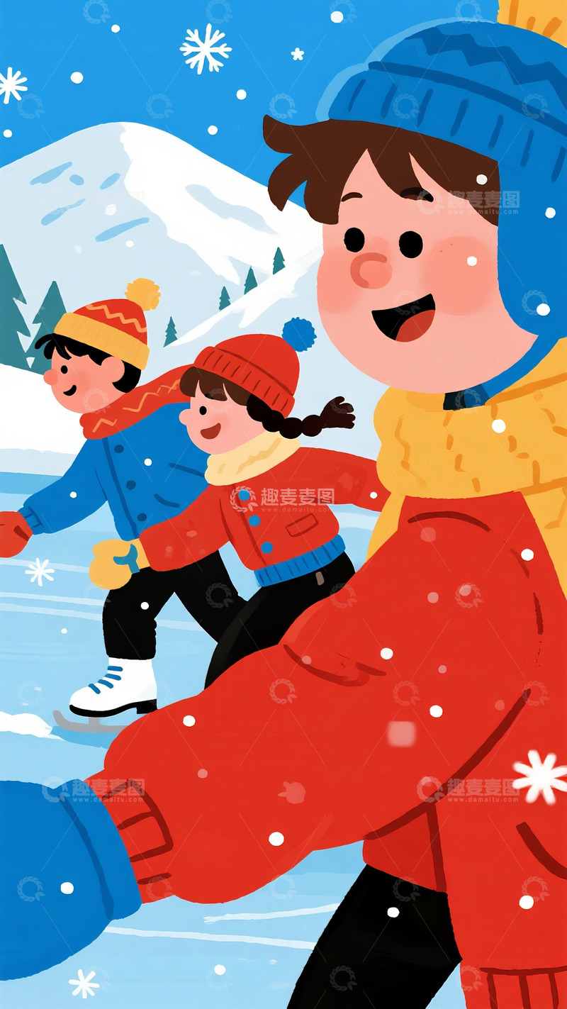 高清大图下载【趣麦麦图】雪天里欢快滑雪的孩童们