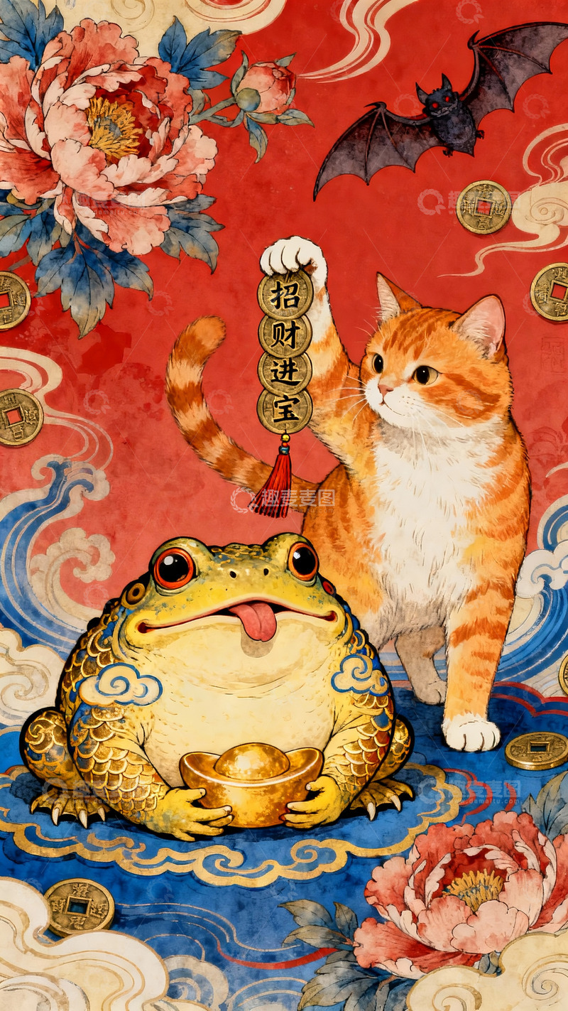 高清大图下载【趣麦麦图】红墙下招财猫与金蟾送福