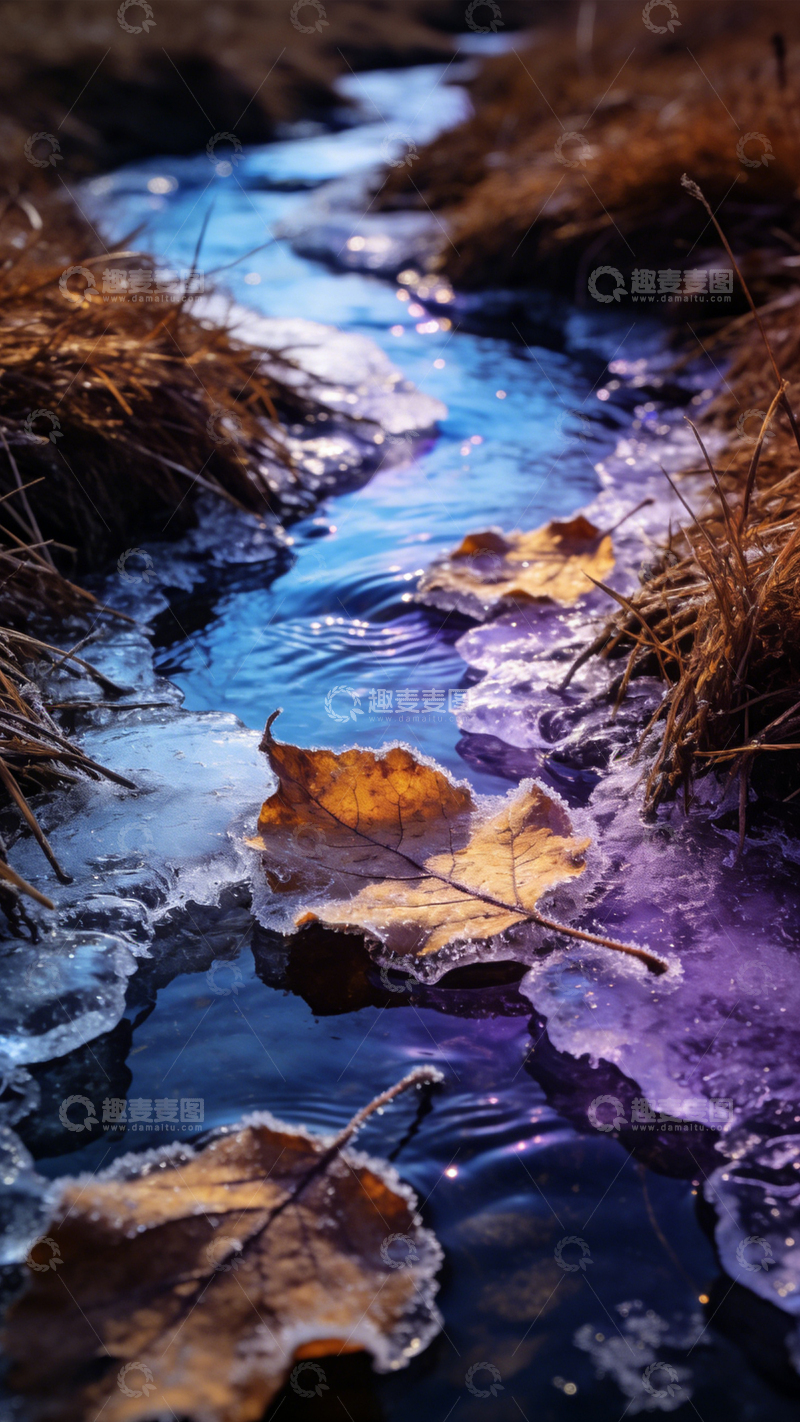 高清大图下载【趣麦麦图】冰溪残草暮色冷寂