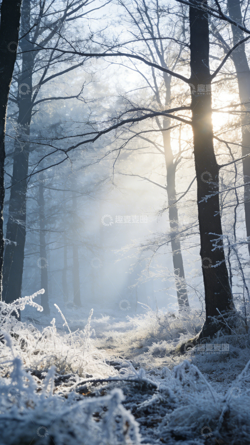 高清大图下载【趣麦麦图】冬日雾林静谧晨光3