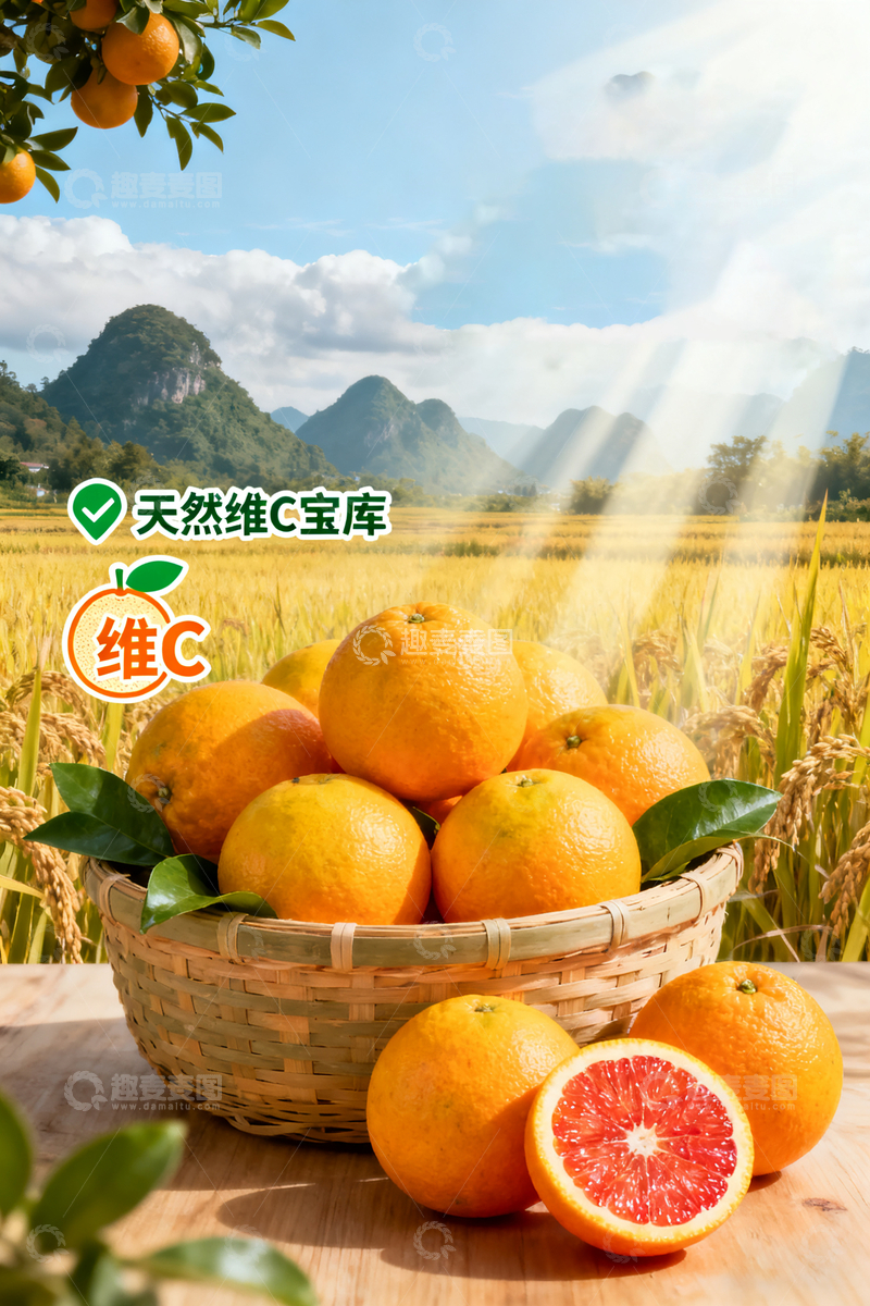 高清大图下载【趣麦麦图】田园风橙子维C宣传海报