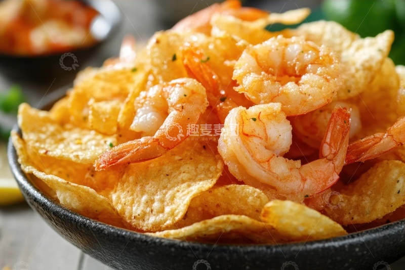 高清大图下载【趣麦麦图】一盘美味的炸薯片虾仁美食