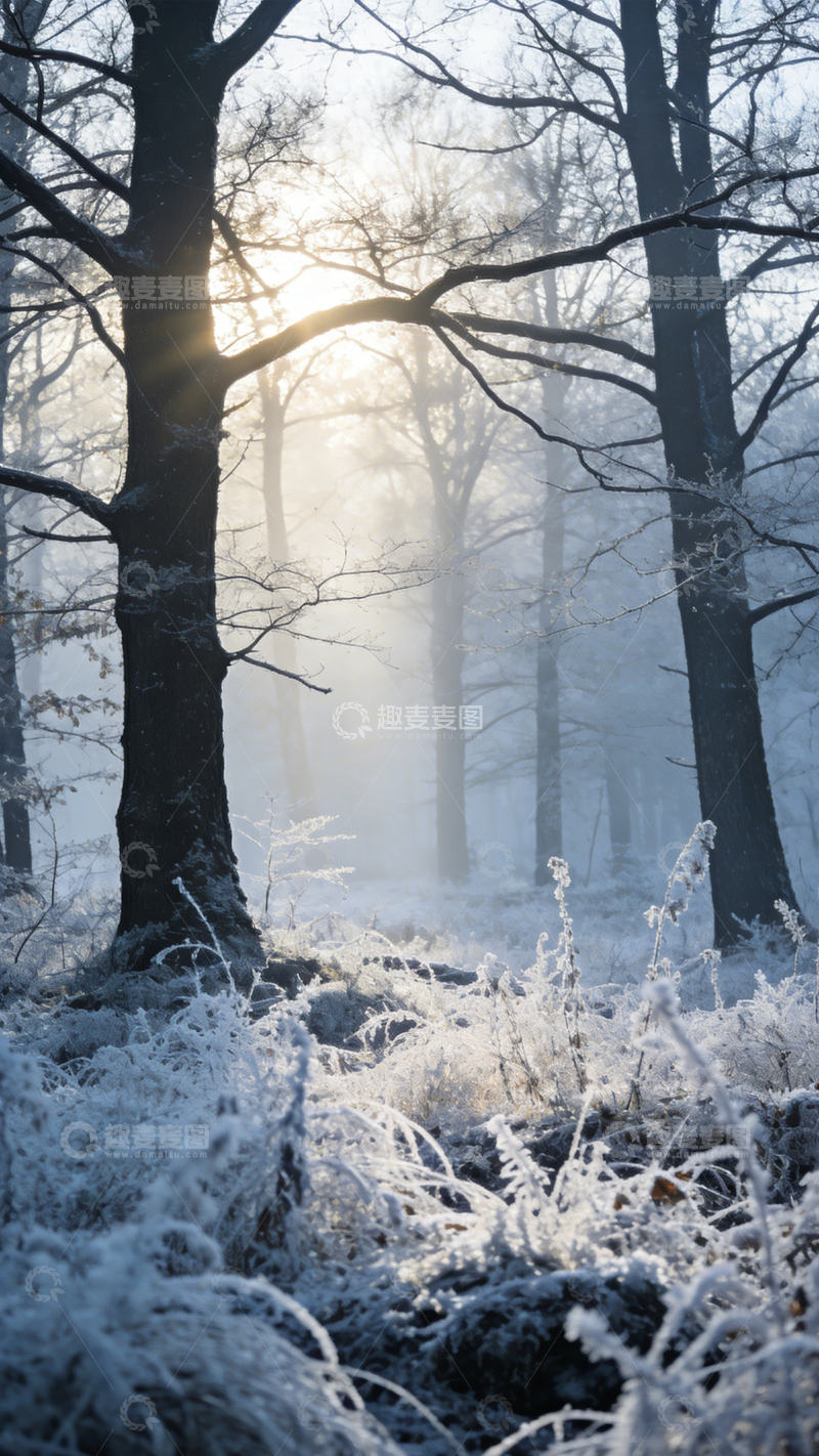 高清大图下载【趣麦麦图】冬日雾林静谧晨光