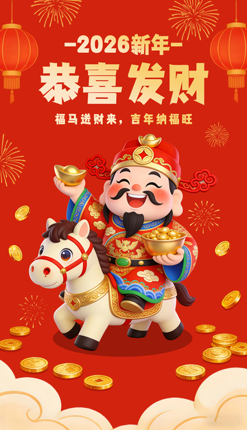 2026年新年恭喜发财财神卡通喜庆海报