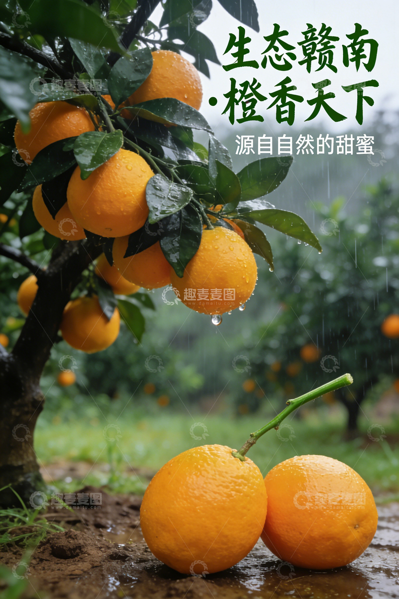 高清大图下载【趣麦麦图】雨中橙园赣南脐橙