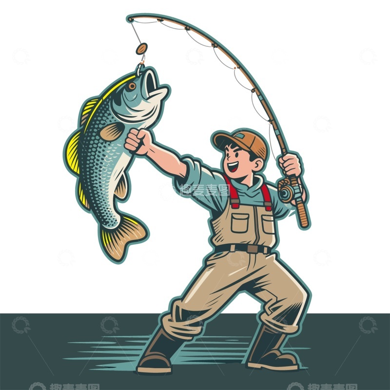 源文件下载【趣麦麦图】钓鱼成功卡通插画