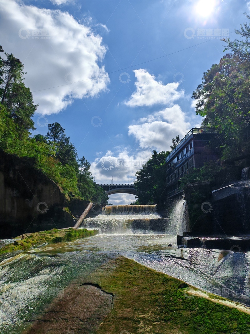 高清大图下载【趣麦麦图】山水画卷瀑布桥梁风光