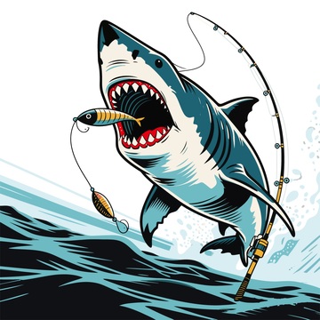 鲨鱼钓鱼漫画风格插画