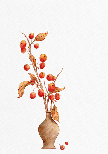水彩果枝花瓶装饰画