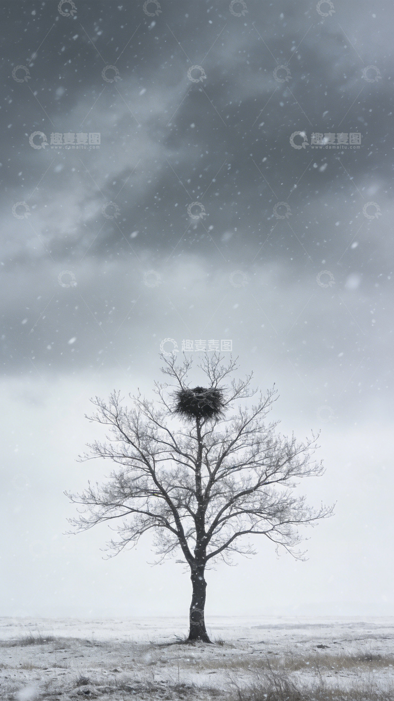 高清大图下载【趣麦麦图】-孤树雪巢荒原孤寂1