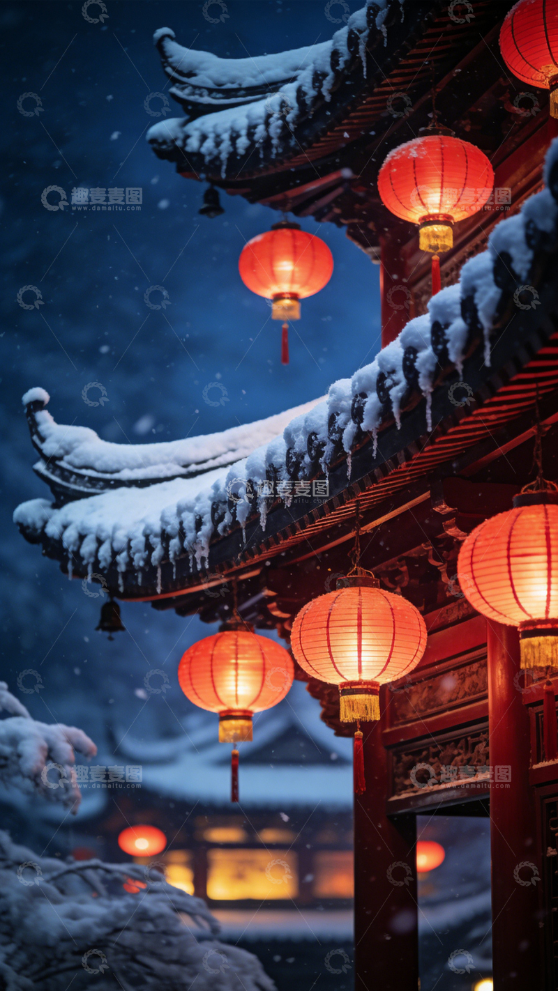 高清大图下载【趣麦麦图】雪落古檐红灯暖光2
