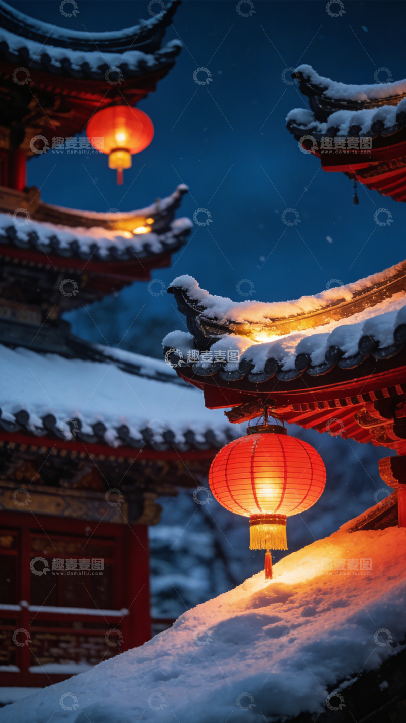 高清大图下载【趣麦麦图】雪落古檐红灯暖光3