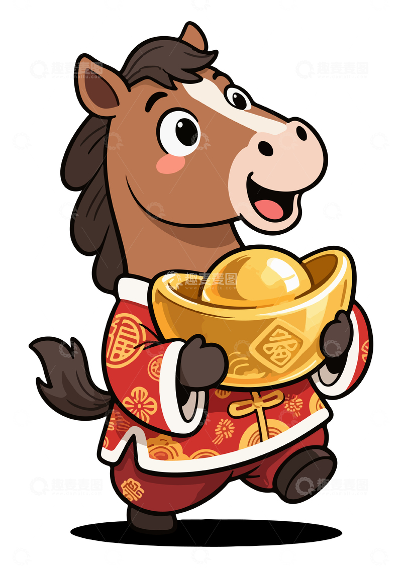 源文件下载【趣麦麦图】卡通马抱金元宝喜庆图案