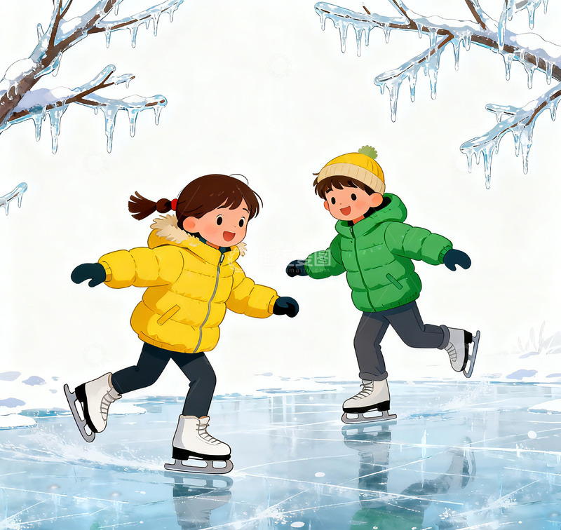 高清大图下载【趣麦麦图】-冰上嬉戏儿童插画