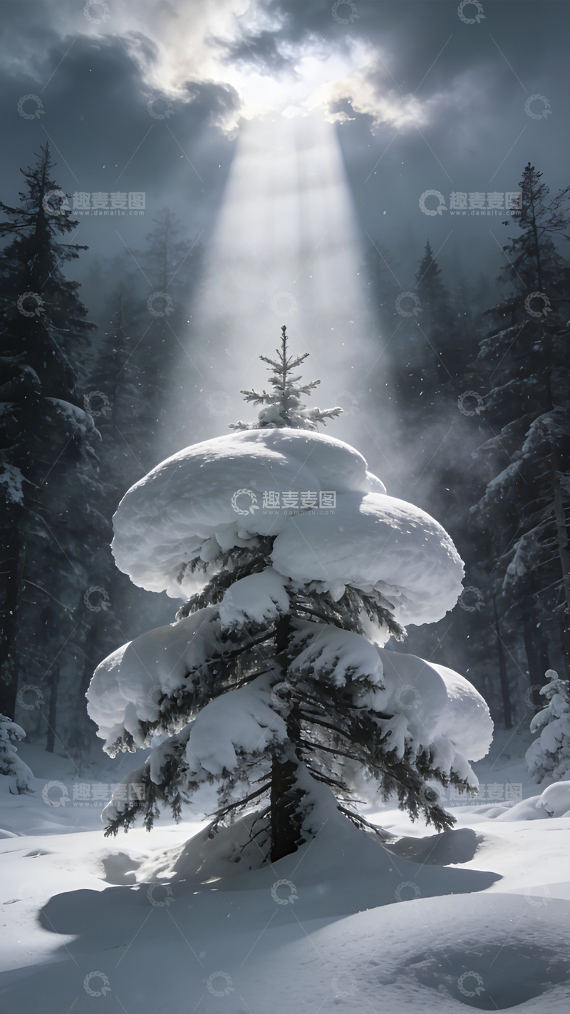 高清大图下载【趣麦麦图】雪林幻境光柱静谧3