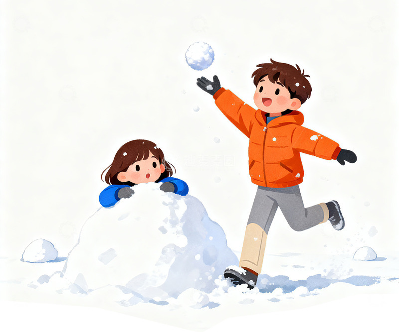 高清大图下载【趣麦麦图】冬日童趣堆雪玩耍插画