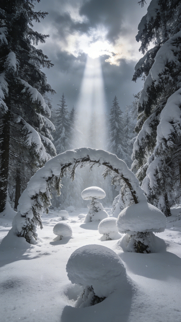 雪林幻境光柱静谧