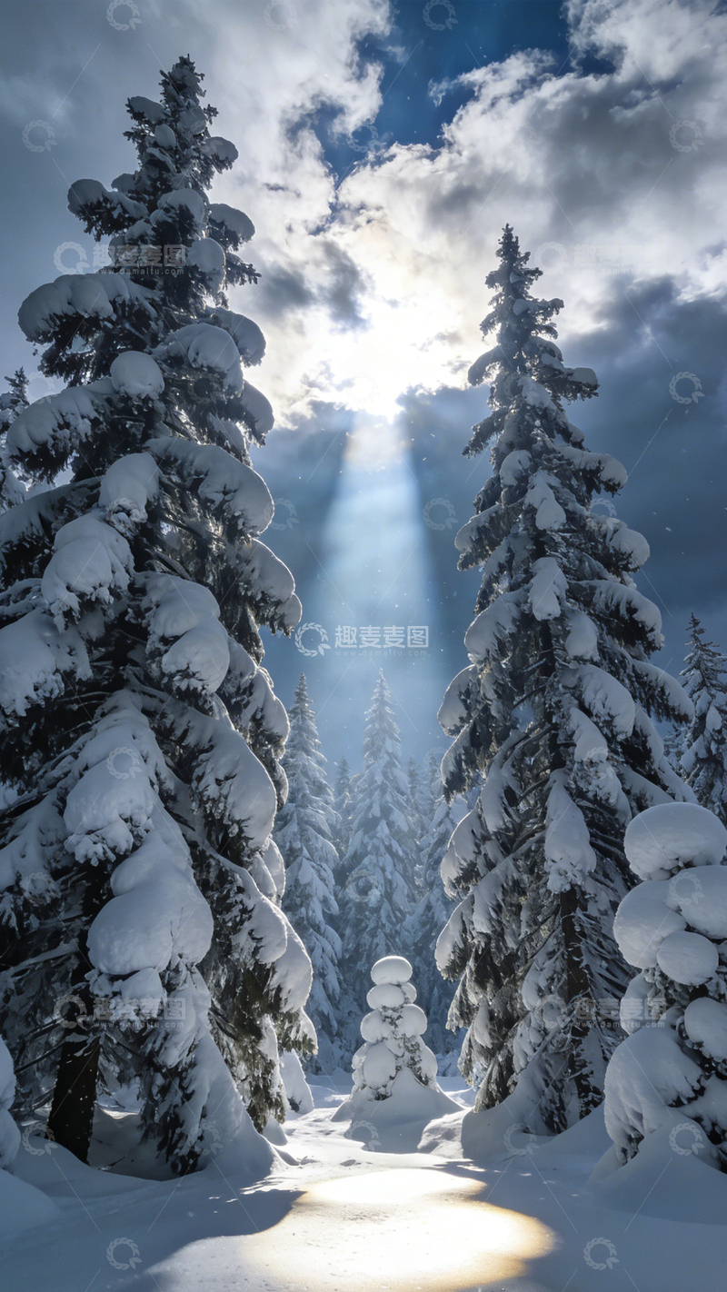 高清大图下载【趣麦麦图】雪林幻境光柱静谧2