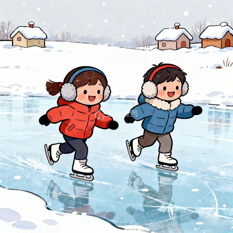 高清大图下载【趣麦麦图】冬日冰上童趣卡通插画