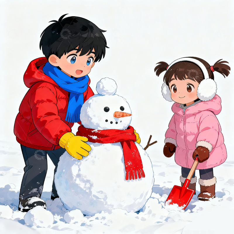 高清大图下载【趣麦麦图】冬日 童趣堆雪人卡通插画
