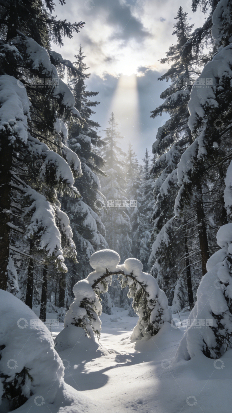高清大图下载【趣麦麦图】雪林幻境光柱静谧1