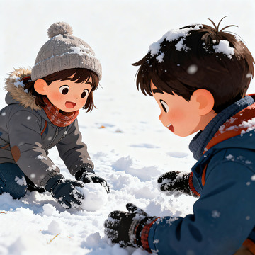 冬日 童趣雪景插画