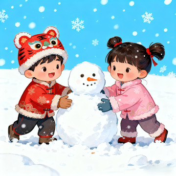 冬日童趣堆雪人 卡通插画
