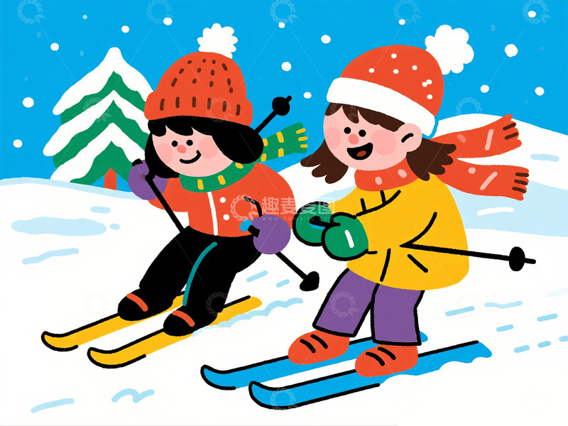 高清大图下载【趣麦麦图】冬日童趣滑雪插画