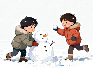冬日 童趣堆雪人插画
