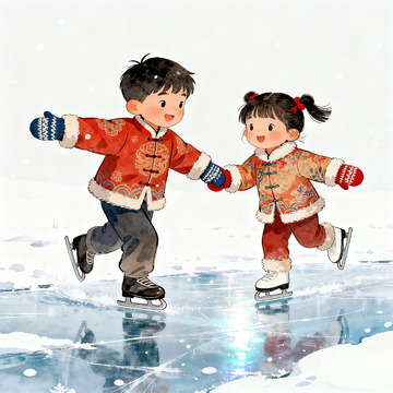 冬日童趣冰上玩耍插画